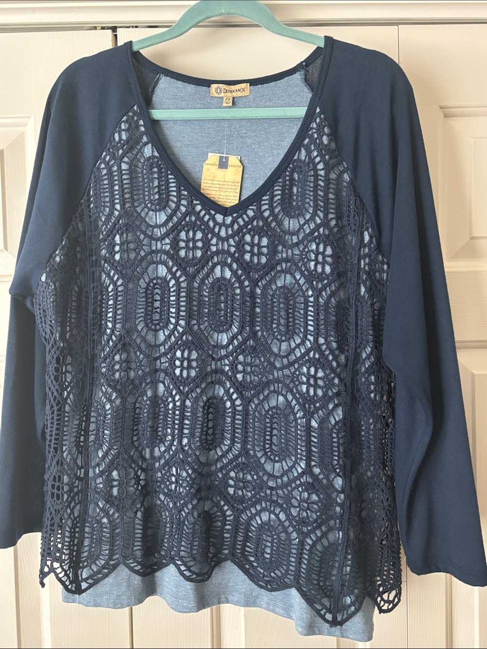 Democracy Navy Crochet Overlay on Long-Sleeve Tee Shirt Tunic